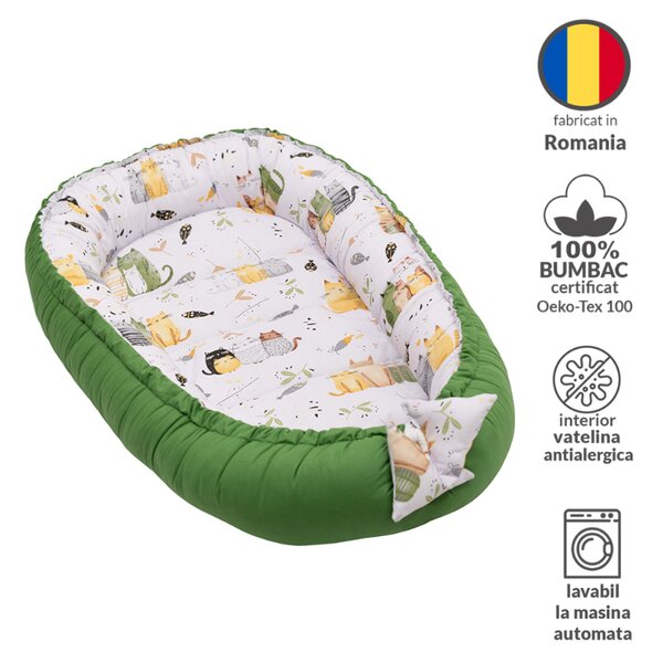 Cosulet bebelus pentru dormit Kidizi Baby Nest Cocoon Wiskers 90x50 cm – reglabil, reversibil, din bumbac 100%, lavabil la masina