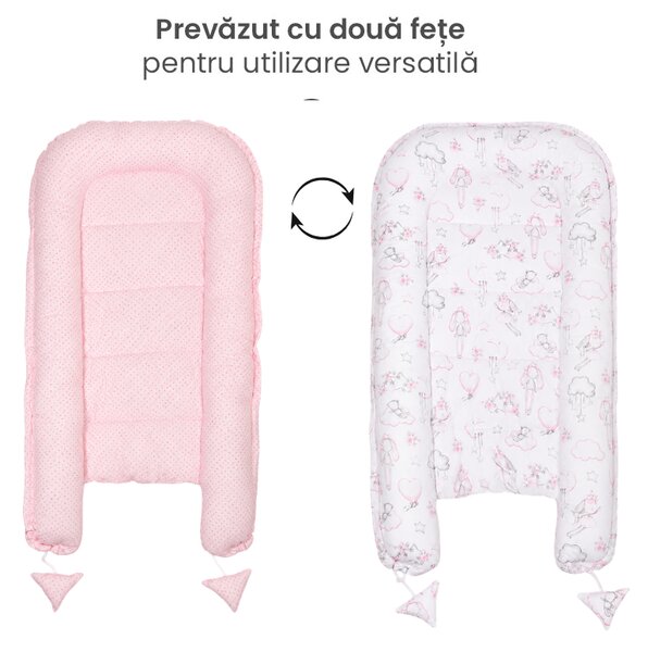 Baby Nest cu husa detasabila din bumbac Kidizi Fairy Clouds – cosulet bebelus pentru dormit reglabil, reversibil, 90x50 cm