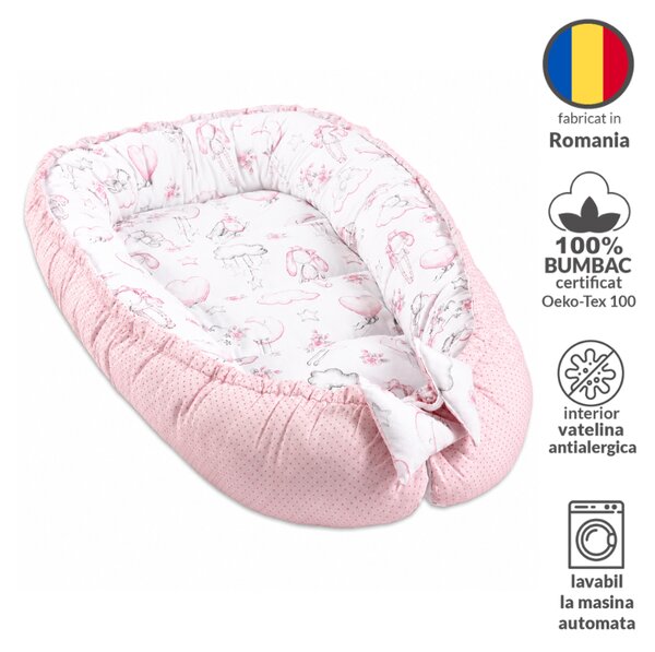 Baby Nest cu husa detasabila din bumbac Kidizi Fairy Clouds – cosulet bebelus pentru dormit reglabil, reversibil, 90x50 cm