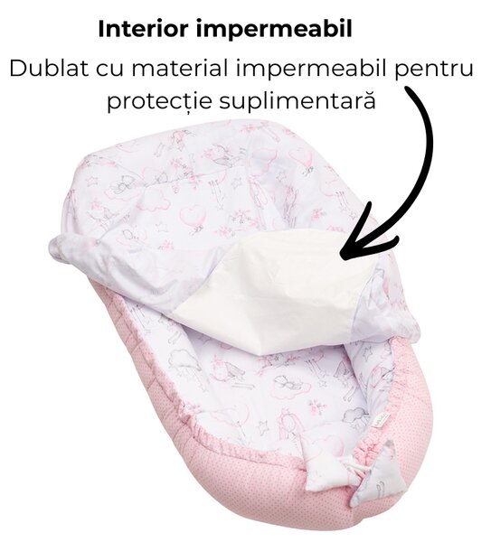 Baby Nest cu husa detasabila din bumbac Kidizi Fairy Clouds – cosulet bebelus pentru dormit reglabil, reversibil, 90x50 cm