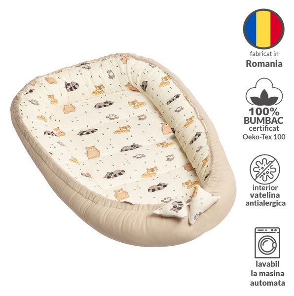 Cosulet bebelus din muselina bumbac 100% Kidizi Baby Nest Cuddly Buddies – reglabil si reversibil, 90x50 cm
