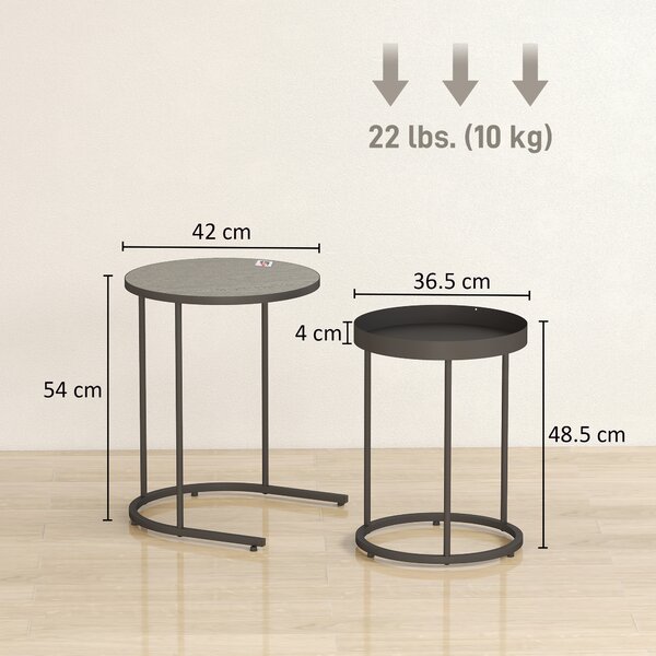 HOMCOM Set de 2 Măsuțe de Cafea în Stil Industrial, din Lemn și Metal, Ø42x54 cm și Ø36.5x48.5 cm, Gri și Negru | Aosom Romania
