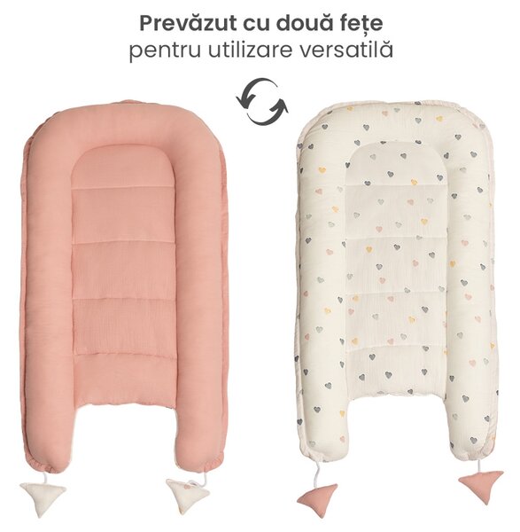 Cosulet bebelus din muselina bumbac 100% Kidizi Baby Nest Color Hearts – reglabil si reversibil, 90x50 cm