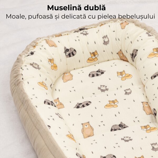 Cosulet bebelus din muselina bumbac 100% Kidizi Baby Nest Cuddly Buddies – reglabil si reversibil, 90x50 cm