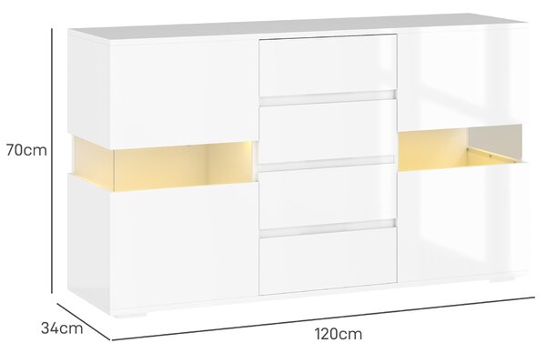HOMCOM Bufet cu Lumini LED Reglabile prin Telecomandă, Mobilier de Sufragerie cu 4 Sertare și 2 Dulapuri, 120x34x70 cm, Alb | Aosom Romania