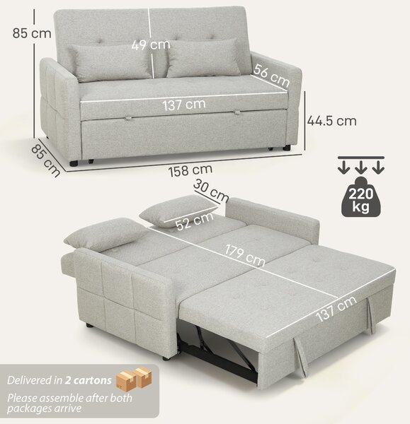 HOMCOM Canapea Pat cu Design Extensibil Clic Clac pentru 2 Locuri - Gri Deschis | Aosom Romania