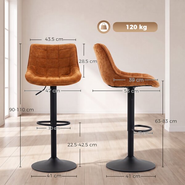 HOMCOM Set de 2 Scaune de Bar, Bază din Metal, Maro-Portocaliu | Aosom Romania