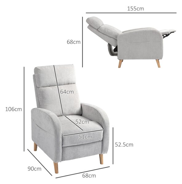 HOMCOM Fotoliu Reglabil Manual cu Suport pentru Picioare, Brațe Curbate și Picioare din Lemn, 68x90x106 cm, Gri Deschis | Aosom Romania