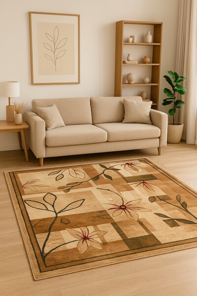 Covor Sufragerie Dormitor, Model Lotos 1510, Crem Bej Dreptunghi, Bej, 100x200