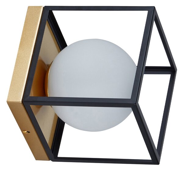 Aplică perete Klausen Fence AP1 Urban 18x18x21cm, design modern metal negru auriu, sticlă alb opal, soclu E27 15W, iluminat interior sofisticat