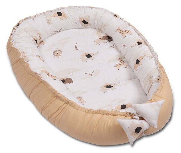 Cosulet bebelus Kidizi Baby Nest Cocoon 90x50 cm Safari Bej pentru dormit, cu husa din bumbac 100%, doua fete si intretinere usoara
