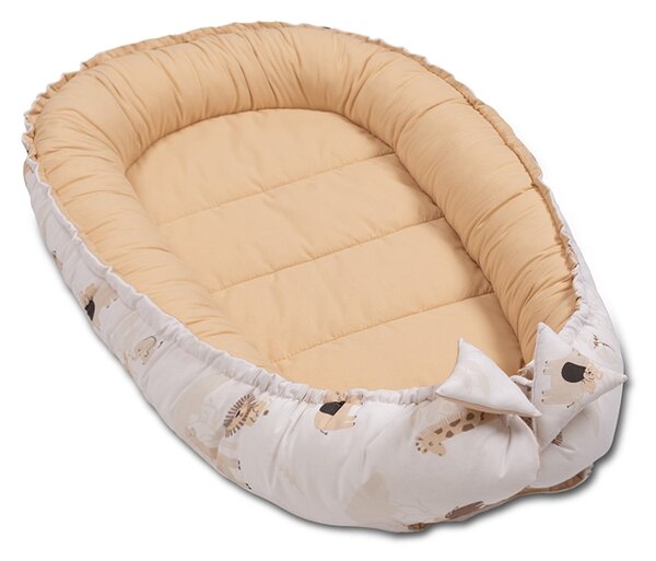Cosulet bebelus Kidizi Baby Nest Cocoon 90x50 cm Safari Bej pentru dormit, cu husa din bumbac 100%, doua fete si intretinere usoara