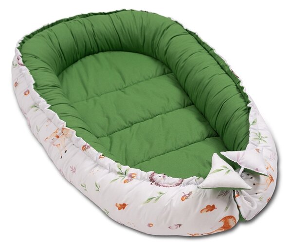 Cosulet bebelus Kidizi Baby Nest Cocoon 90x50 cm Forest Joy pentru dormit, cu husa din bumbac 100%, doua fete si intretinere usoara