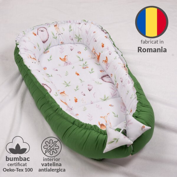 Cosulet bebelus Kidizi Baby Nest Cocoon 90x50 cm Forest Joy pentru dormit, cu husa din bumbac 100%, doua fete si intretinere usoara