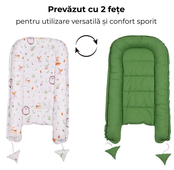 Cosulet bebelus Kidizi Baby Nest Cocoon 90x50 cm Forest Joy pentru dormit, cu husa din bumbac 100%, doua fete si intretinere usoara