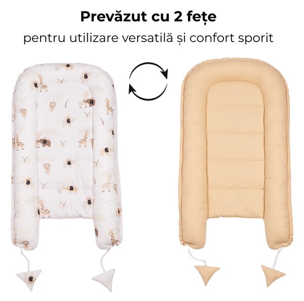 Cosulet bebelus Kidizi Baby Nest Cocoon 90x50 cm Safari Bej pentru dormit, cu husa din bumbac 100%, doua fete si intretinere usoara