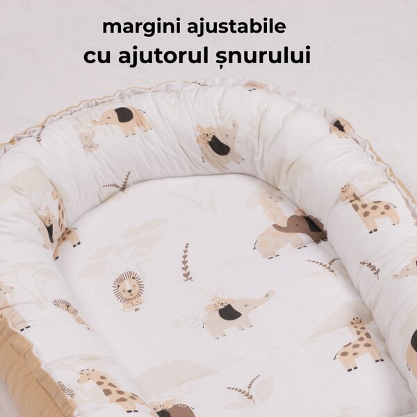 Cosulet bebelus Kidizi Baby Nest Cocoon 90x50 cm Safari Bej pentru dormit, cu husa din bumbac 100%, doua fete si intretinere usoara