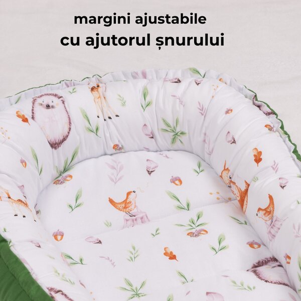 Cosulet bebelus Kidizi Baby Nest Cocoon 90x50 cm Forest Joy pentru dormit, cu husa din bumbac 100%, doua fete si intretinere usoara
