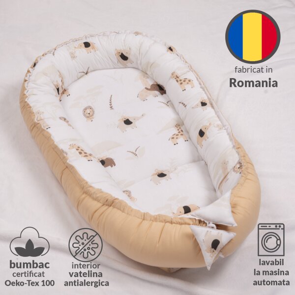 Cosulet bebelus Kidizi Baby Nest Cocoon 90x50 cm Safari Bej pentru dormit, cu husa din bumbac 100%, doua fete si intretinere usoara