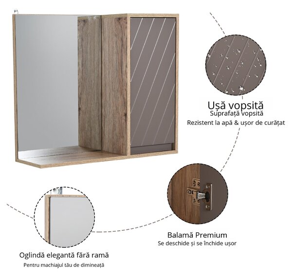 HOMCOM Dulapior Suspendat Baie cu Oglindă Raft Reglabil Design Modern Gri și Stejar | Aosom Romania