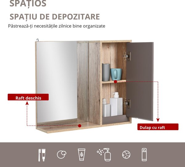 HOMCOM Dulapior Suspendat Baie cu Oglindă Raft Reglabil Design Modern Gri și Stejar | Aosom Romania