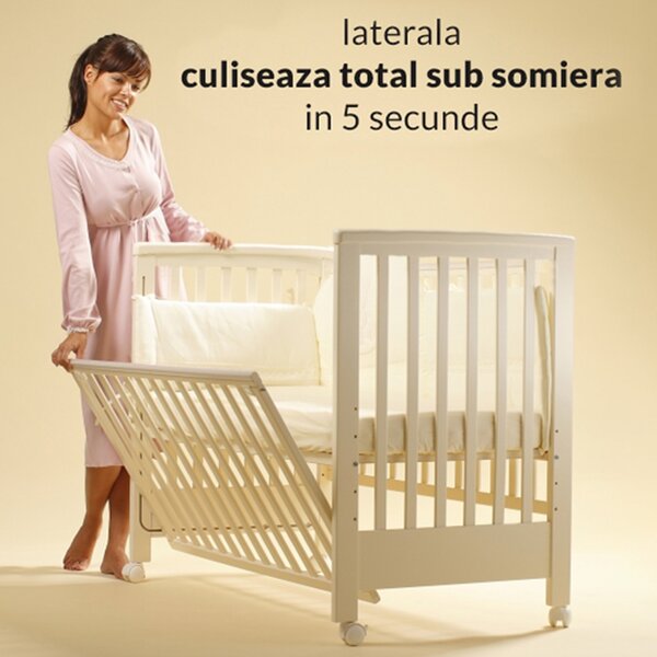RESIGILAT Patut co-sleeping 120x60 cu laterala culisanta total si roti Treppy Dreamy Plus, integral din lemn masiv fag, reglabil pe 5 nivele, include sistem de ancorare, certificat TUV, EN716-1, EN716-2, culoare alb + saltea cocos 12 cm