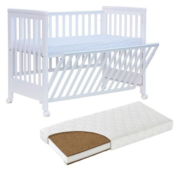 RESIGILAT Patut co-sleeping 120x60 cu laterala culisanta total si roti Treppy Dreamy Plus, integral din lemn masiv fag, reglabil pe 5 nivele, include sistem de ancorare, certificat TUV, EN716-1, EN716-2, culoare alb + saltea cocos 12 cm