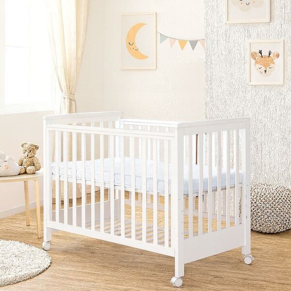 RESIGILAT Patut co-sleeping 120x60 cu laterala culisanta total si roti Treppy Dreamy Plus, integral din lemn masiv fag, reglabil pe 5 nivele, include sistem de ancorare, certificat TUV, EN716-1, EN716-2, culoare alb + saltea cocos 12 cm