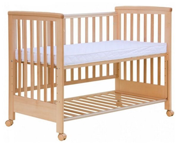 Patut co-sleeping 120x60 cu laterala culisanta total si roti Treppy Dreamy Plus, integral din lemn masiv fag, reglabil pe 5 nivele, include sistem de ancorare, certificat TUV, EN716-1, EN716-2, culoare natur + saltea cocos 12 cm lux