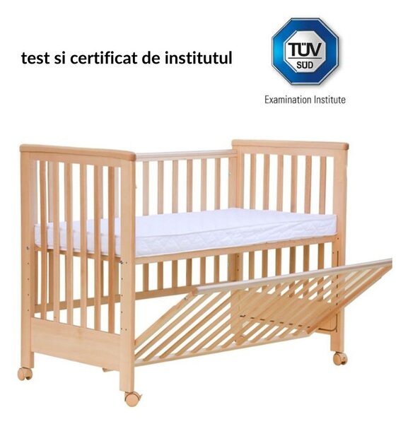 Patut co-sleeping 120x60 cu laterala culisanta total si roti Treppy Dreamy Plus, integral din lemn masiv fag, reglabil pe 5 nivele, include sistem de ancorare, certificat TUV, EN716-1, EN716-2, culoare natur + saltea cocos 12 cm lux