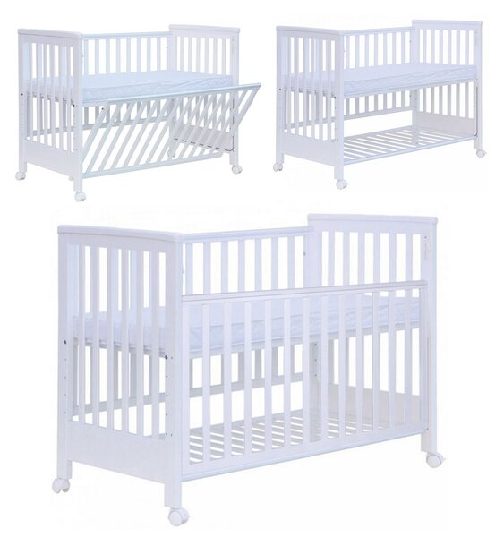 Patut co-sleeping 120x60 cu laterala culisanta total si roti Treppy Dreamy Plus, integral din lemn masiv fag, reglabil pe 5 nivele, include sistem de ancorare, certificat TUV, EN716-1, EN716-2, culoare alb