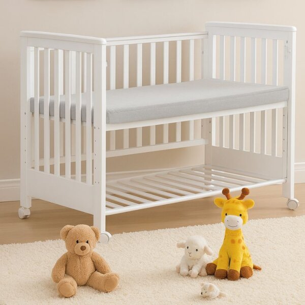 RESIGILAT Patut co-sleeping 120x60 cu laterala culisanta total si roti Treppy Dreamy Plus, integral din lemn masiv fag, reglabil pe 5 nivele, include sistem de ancorare, certificat TUV, EN716-1, EN716-2, culoare alb + saltea cocos 12 cm
