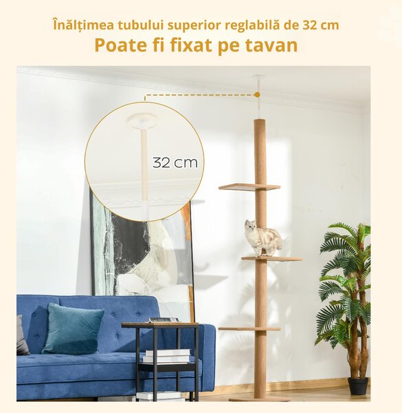 PawHut Coloană de Zgâriat Reglabilă pe 4 Nivele, Tapițată, 43x27x228-260cm, Gri | Aosom Romania