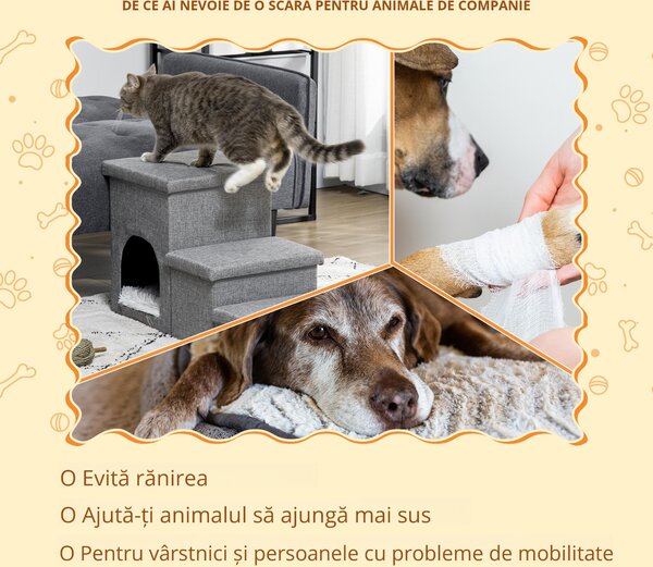 Scari de pat pentru caini PawHut, Scari pentru animale de companie cu 3 trepte, cu casuta pentru pisici , gri deschis | Aosom RO