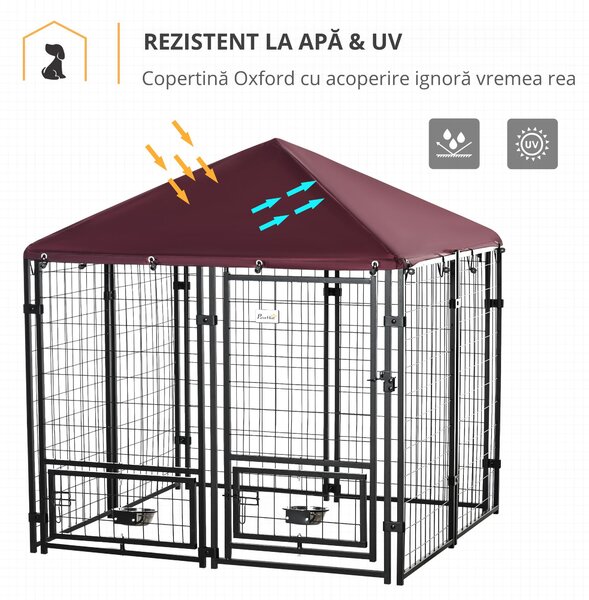 PawHut Cusca Exterior Caini cu Lacăt 2 Boluri Pivotante Acoperiș Detașabil Negru și Roșu Rezistent la Intemperii | Aosom Romania