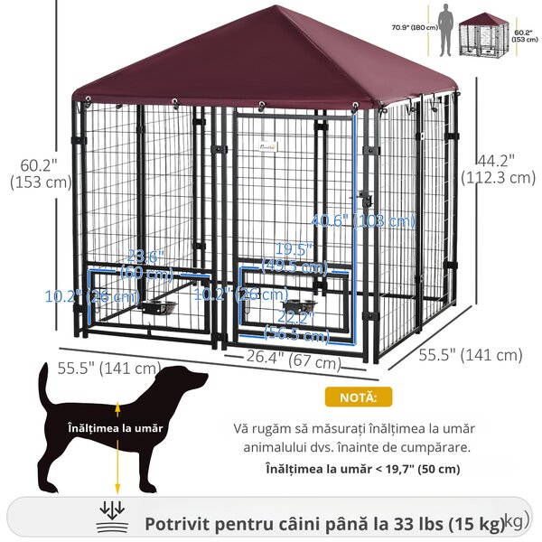 PawHut Cusca Exterior Caini cu Lacăt 2 Boluri Pivotante Acoperiș Detașabil Negru și Roșu Rezistent la Intemperii | Aosom Romania