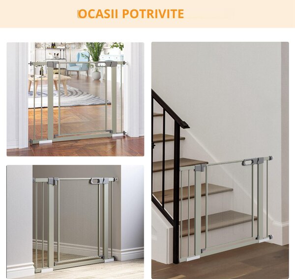 PawHut Barieră Extensibilă pentru Câini cu Închidere Automată din Oțel și ABS, 75-103x76 cm, Gri | Aosom Romania