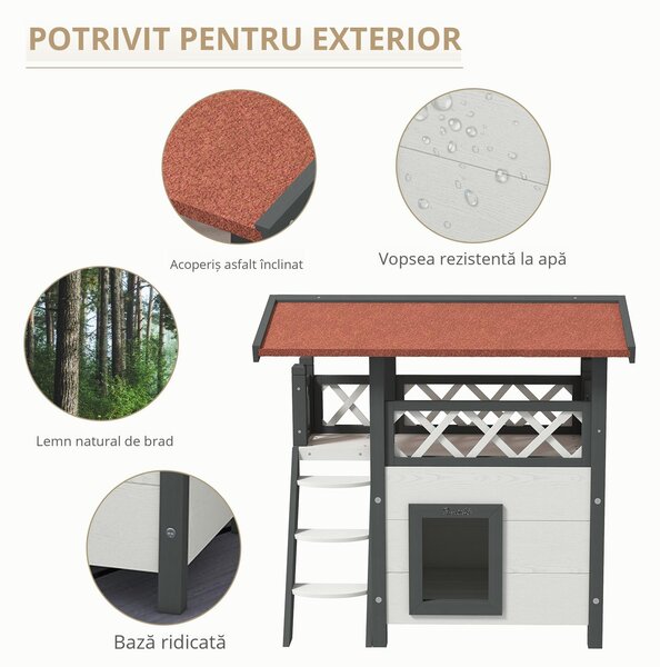 PawHut Căsuță pentru Pisici de Exterior cu Terasa și Scară, Adăpost pentru Pisici și Animale Mici din Lemn, 77x50x73 cm, Alb