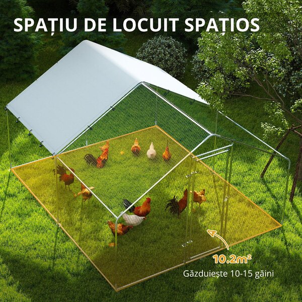 PawHut Coteț pentru Găini din Metal cu Copertină Impermeabilă și Rezistentă la UV, 3x3,4x1,9 m, Argintiu | Aosom Romania