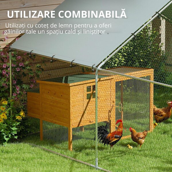 PawHut Coteț pentru Găini din Metal cu Copertină Impermeabilă și Rezistentă la UV, 3x3,4x1,9 m, Argintiu | Aosom Romania