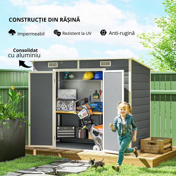 Outsunny Căsuță de Grădina pentru Unelte cu Podea, 2 Uși, Încuietoare și Acoperiș Înclinat, 238x125x183 cm, Gri | Aosom Romania