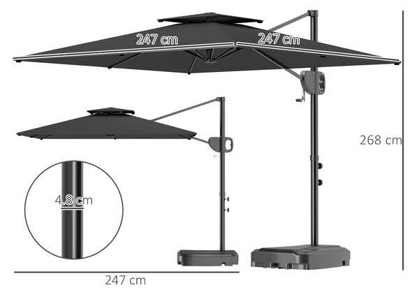 Outsunny Umbrelă de Soare Suspendată cu Parte Superioară Dublă, Mâner cu Manivelă și Înclinare, 247x247x268 cm, Gri | Aosom Romania