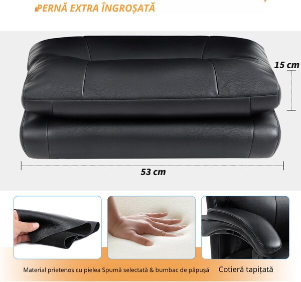 HOMCOM Scaun pentru Birou cu Înălțime Reglabilă și Reclinabil până la 135° Negru | Aosom Romania