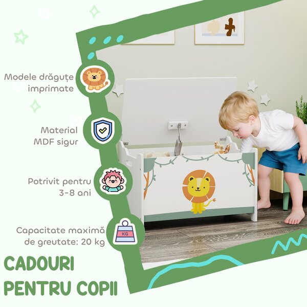 AIYAPLAY Cutie pentru Jucării cu Capac, Balamale de Siguranță și Mânere Adâncite, Organizator pentru Depozitarea Jucăriilor pentru Copii, Camera de Zi, Camera de Joacă, Verde | Aosom Romania
