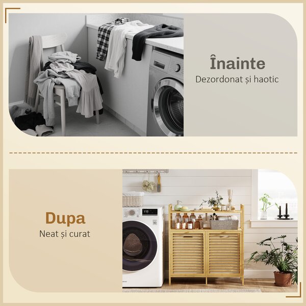 HOMCOM Mobilier pentru Rufe de Baie cu 2 Compartimente Basculante, 82L, Suport pentru Rufe Murdare din Bambus cu Coșuri Detașabile și Lavabile și 2 Rafturi, pentru Spălătorie și Baie, 82x33x88 cm, Culoare Lemn | Aosom Romania