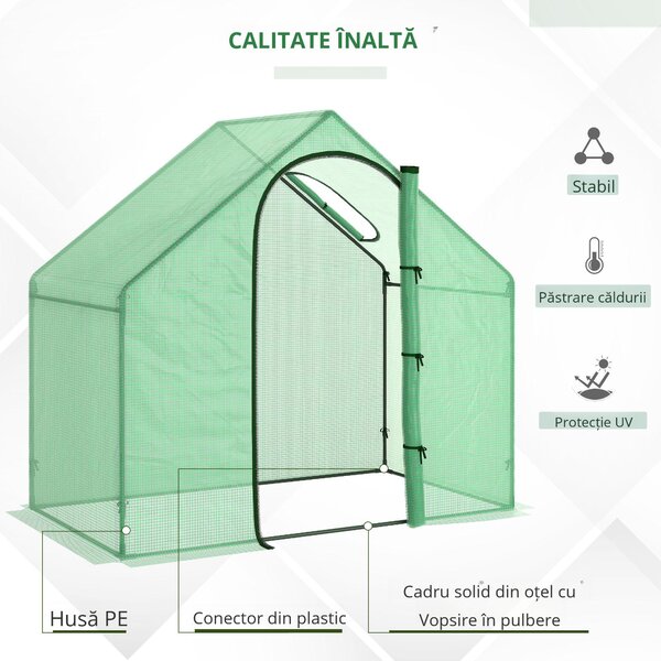 Outsunny Sera Cabina Portabila 180x100cmx168cm, Folie PE, Cadru de Otel, Usa cu Fermoar, Aerisire Superioara, Verde | Aosom Romania