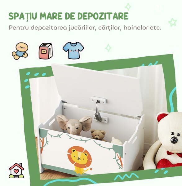 AIYAPLAY Cutie pentru Jucării cu Capac, Balamale de Siguranță și Mânere Adâncite, Organizator pentru Depozitarea Jucăriilor pentru Copii, Camera de Zi, Camera de Joacă, Verde | Aosom Romania