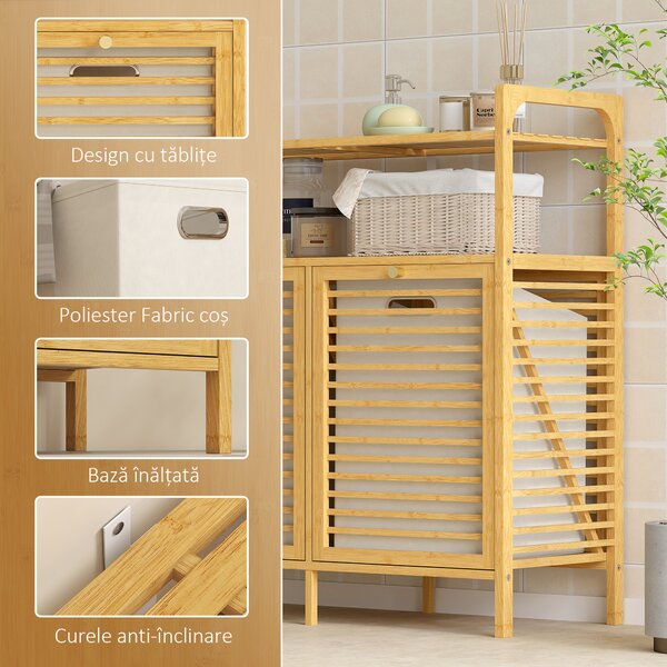 HOMCOM Mobilier pentru Rufe de Baie cu 2 Compartimente Basculante, 82L, Suport pentru Rufe Murdare din Bambus cu Coșuri Detașabile și Lavabile și 2 Rafturi, pentru Spălătorie și Baie, 82x33x88 cm, Culoare Lemn | Aosom Romania