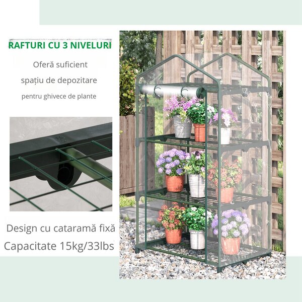Outsunny Mini-Seră Portabilă cu Înveliș Plastic și Cadru Metalic, 3 Rafturi, Ușă cu Fermoar, 69x49x125 cm, Transparent | Aosom Romania