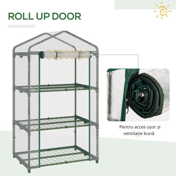 Outsunny Mini-Seră Portabilă cu Înveliș Plastic și Cadru Metalic, 3 Rafturi, Ușă cu Fermoar, 69x49x125 cm, Transparent | Aosom Romania